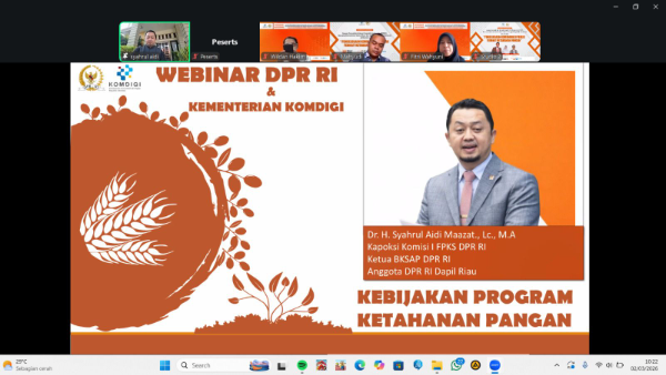 Webinar kolaborasi Komisi I DPR RI dan Kementerian Komunikasi dan Digital menegaskan bahwa strategi komunikasi publik yang efektif menjadi kunci dalam memperkuat ketahanan pangan nasional serta mendorong partisipasi masyarakat menuju swasembada pangan.